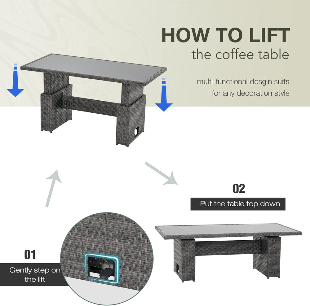 SUNSITT Outdoor Patio Lift Top Table Adjustable Height Wicker Dining Table