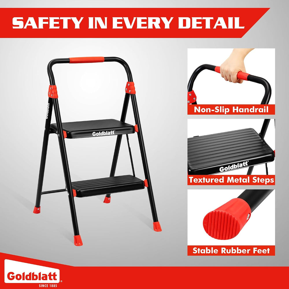 Goldblatt 2-Step Folding Step Stool Heavy Duty Steel Ladder, Auto-Lock Safety...