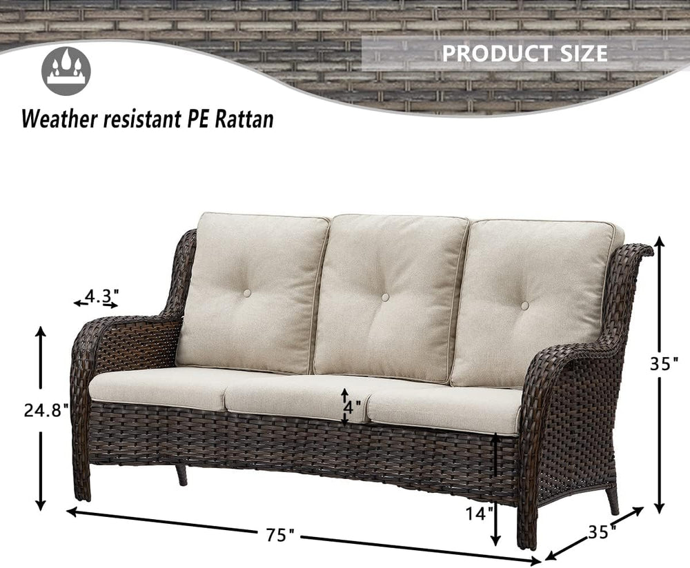 HUMMUH 5 Piece Wicker Patio Set, Sofa & Swivel Rockers, Brown/Beige
