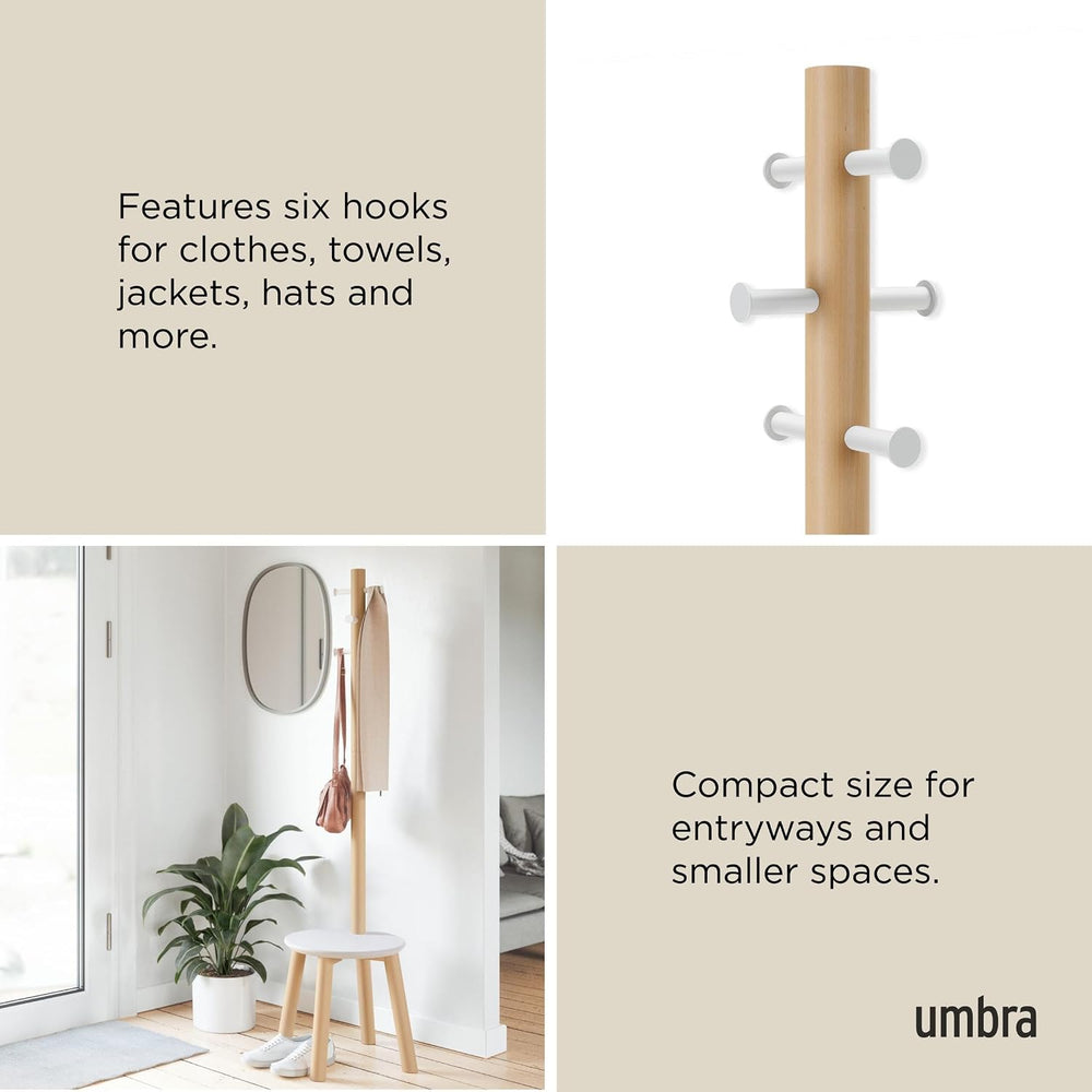 Umbra Pillar Coat Rack with Stool, Freestanding 6 Hooks, White/Natural