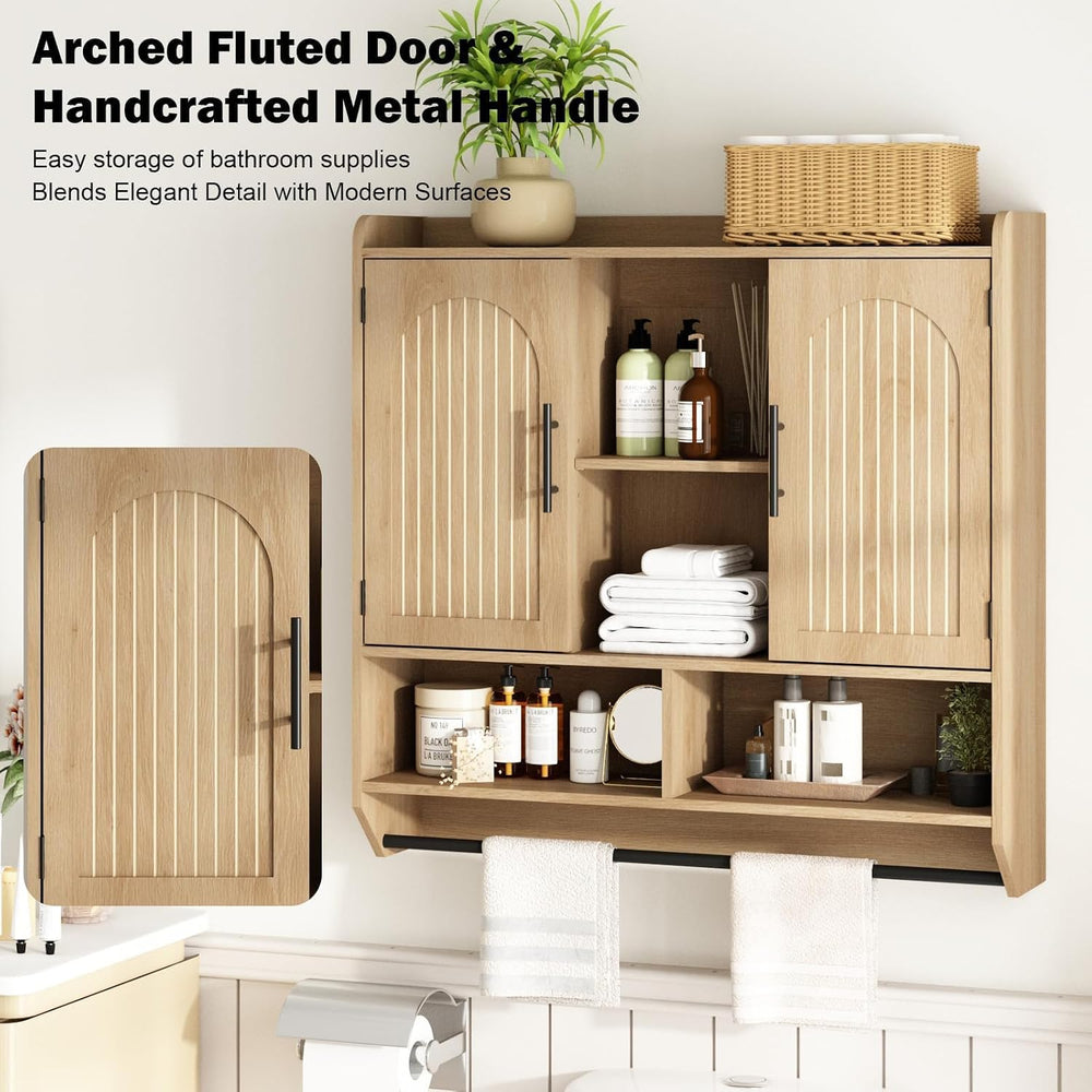 RUSTOWN Fluted Bathroom Wall Cabinet with Arched Doors & Adjustable Shelves