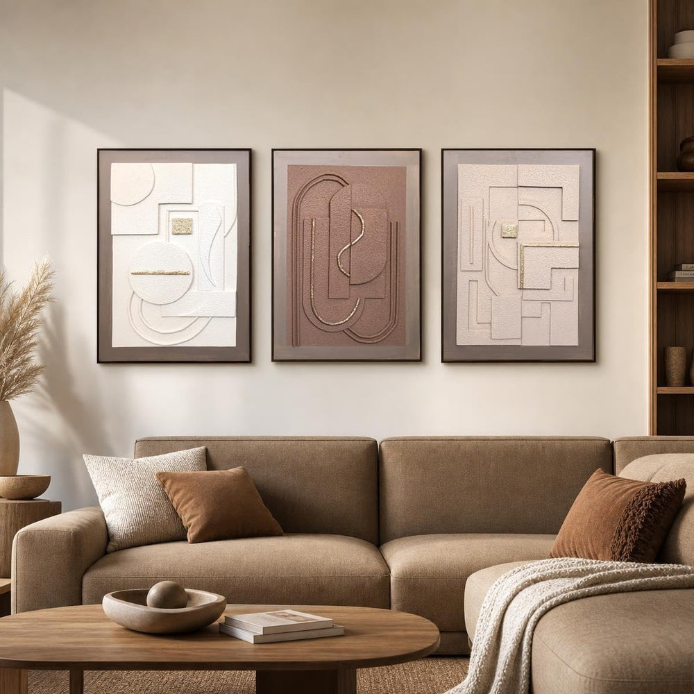 3D Textured Geometric Wall Art for Living Room- 3 Pieces Modern Abstract Scul...