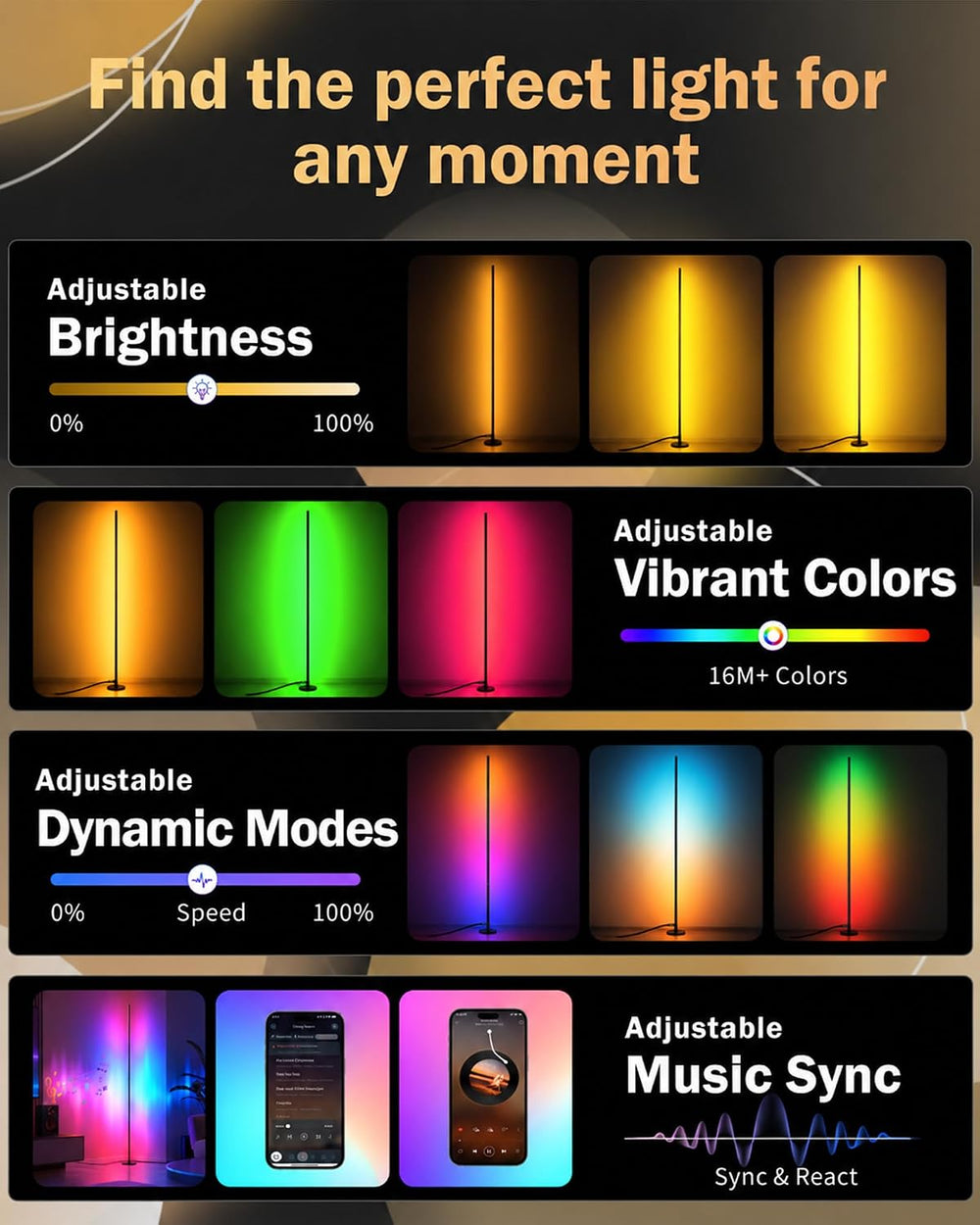 63" H RGB Floor Lamp, Smart Led Corner Lamp with Music Sync