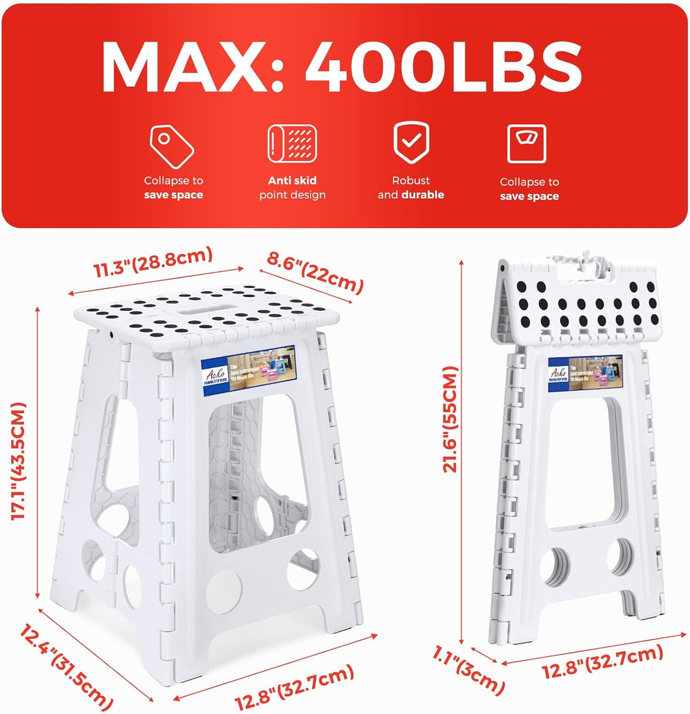 ACKO 17.5 Inch Folding Step Stool with Safety Lock, Holds 400 lbs, White