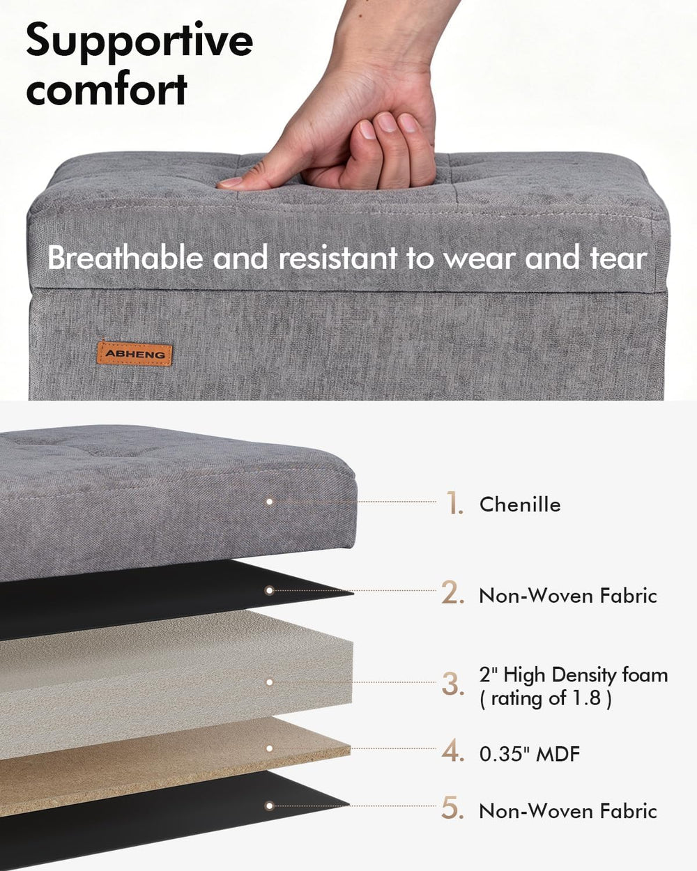 ABHENG Steel Frame Small Ottoman with Storage Footrest Light Gray UASND70G