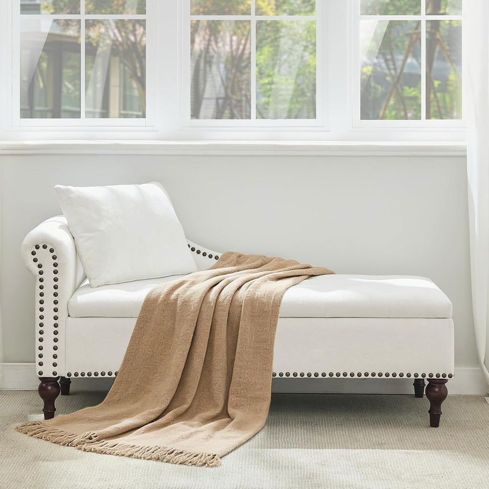 SOFTHION Velvet Chaise Lounge with Storage & Left Armrest, White
