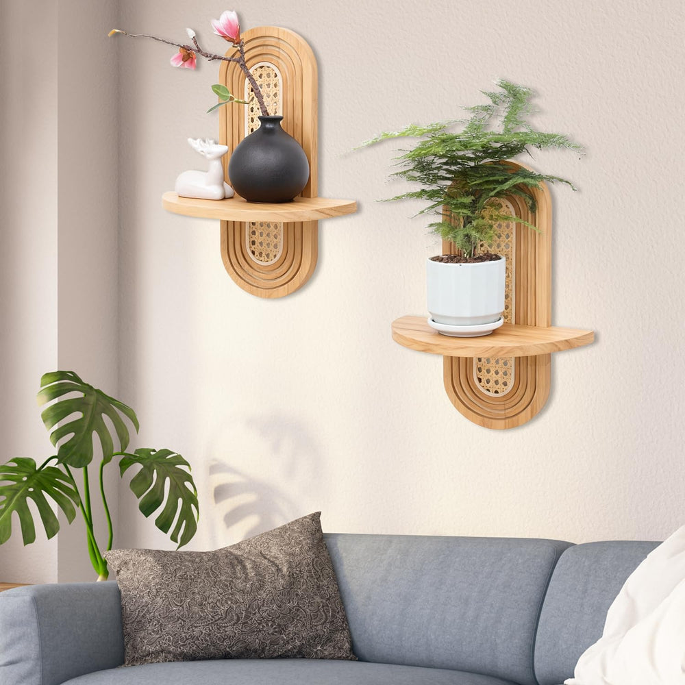 Floating Shelves for Wall, Boho Home Wall Decor,Rattan Plant Shelf Set of 2, ...