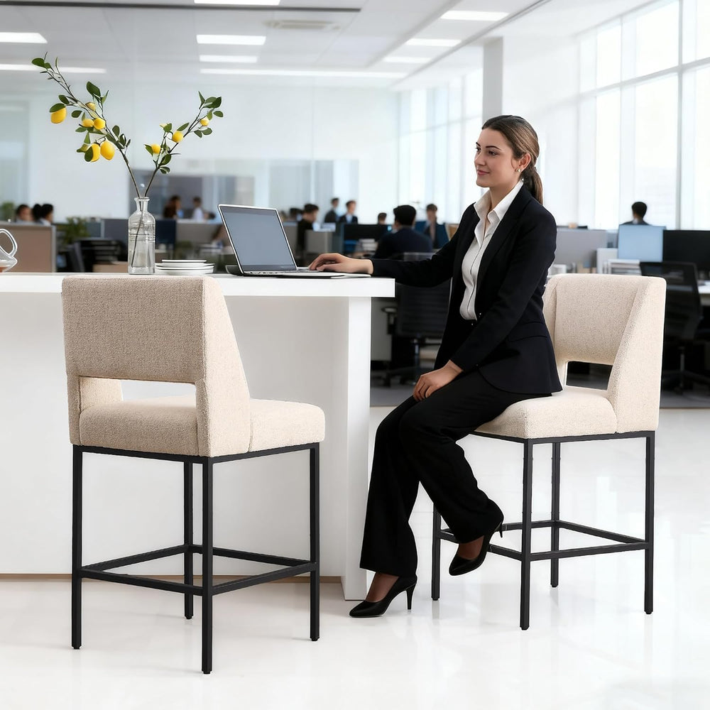 Upholstered Counter Height Stools, Beige Linen Bar Stools with Metal Legs and...