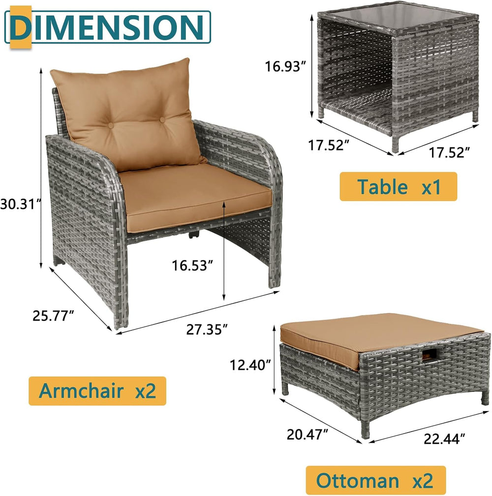 5 Pieces PE Wicker Outdoor Chairs with Ottomans, 5 PCS Rattan Patio Furniture...