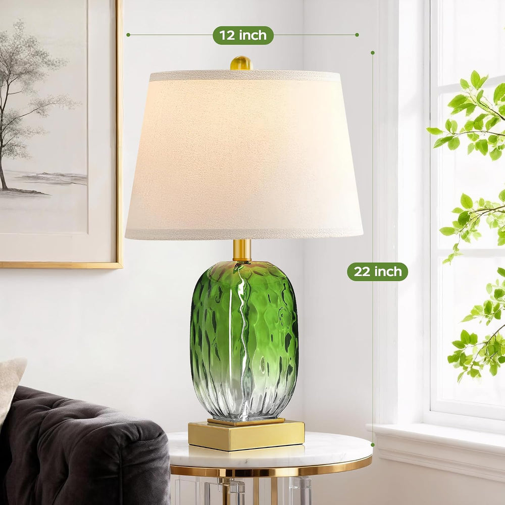 Green Glass Table Lamp Set of 2 Touch Control, 2 USB Ports, Dimmable