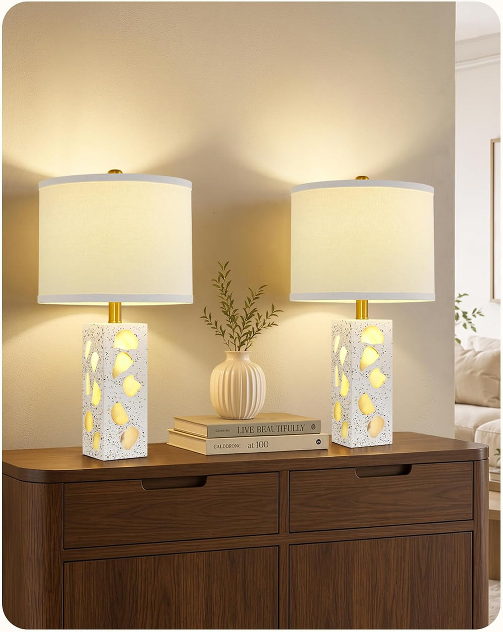 22" Table Lamps Set of 2, Translucent Stone-Inspired Lamps with Night Light