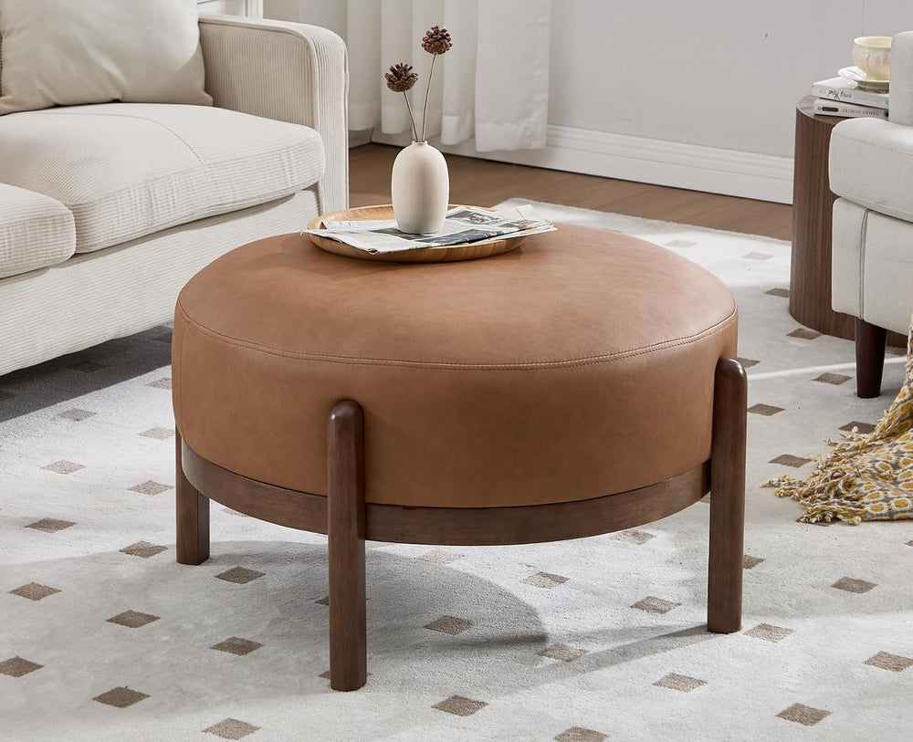 EALSON 29" Round Ottoman Modern Leather Upholstered Footstool Mid Centur...