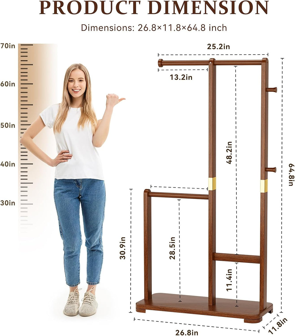 Solid Wood Coat Rack Freestanding Double Rod Clothes Rack Space Saving
