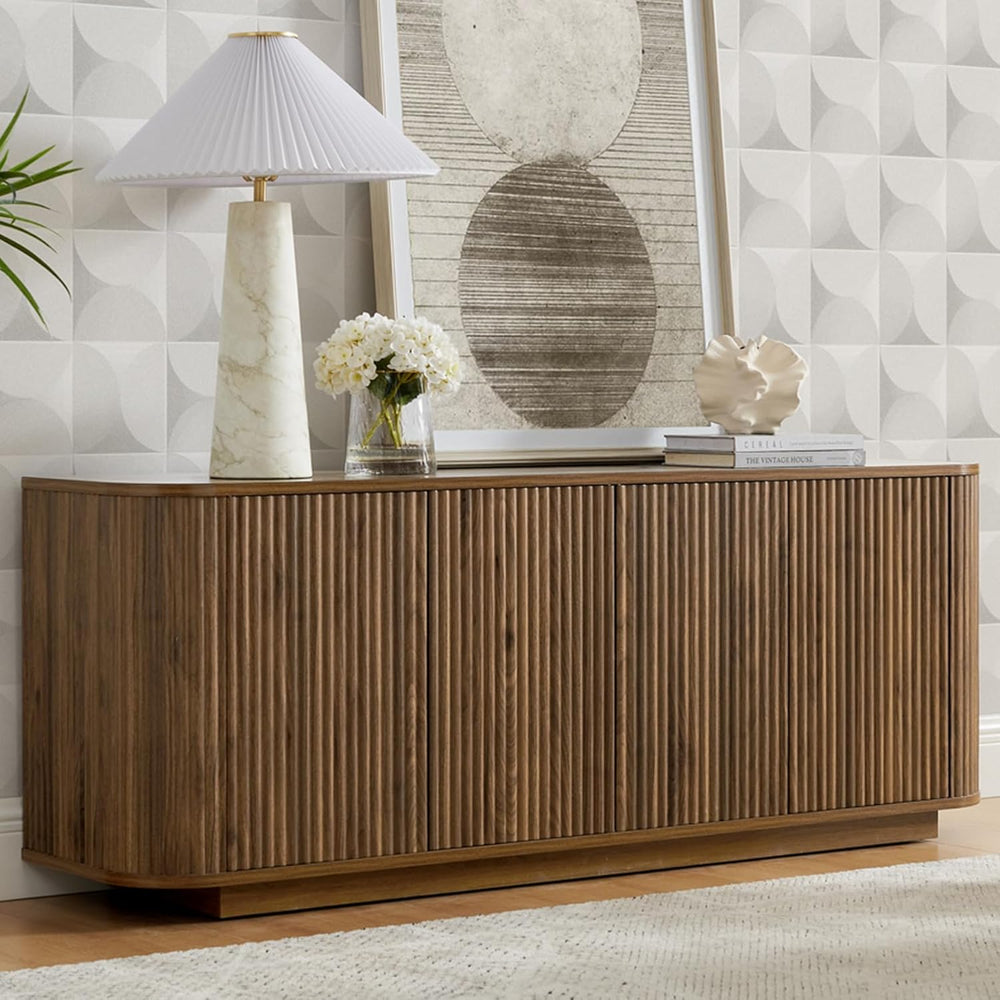 64" Fluted Walnut Sideboard Buffet Cabinet with Storage