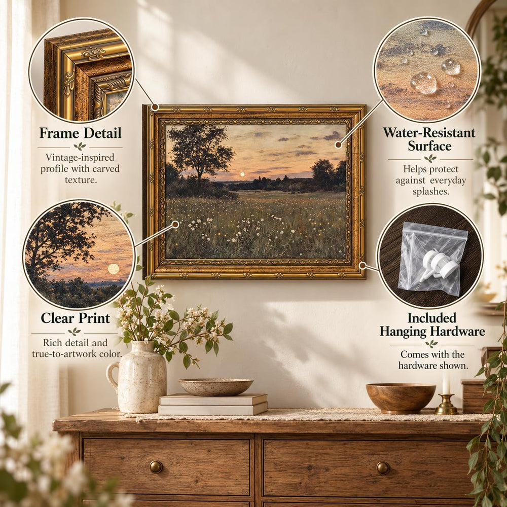 Vintage Gold Framed Rustic Firefly Field Landscape Wall Art 16x24Inch