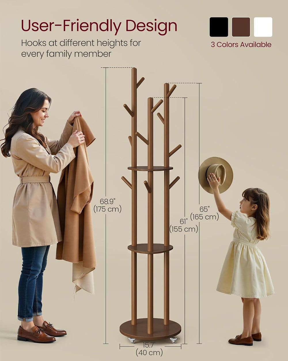 VASAGLE Freestanding Coat Rack Stand, with Wheels, 11 Hooks, 3 Shelves