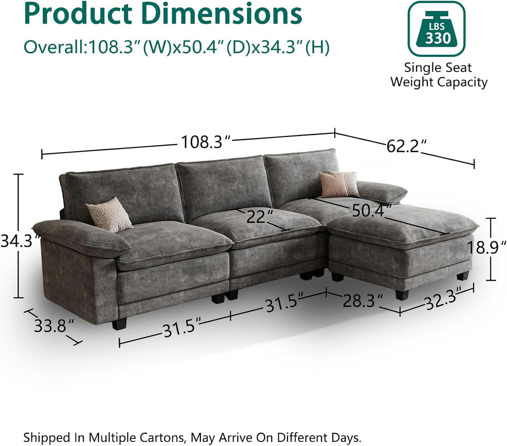 108" Modular Sectional Couch, L Shaped Cloud Sofa for Living Room
