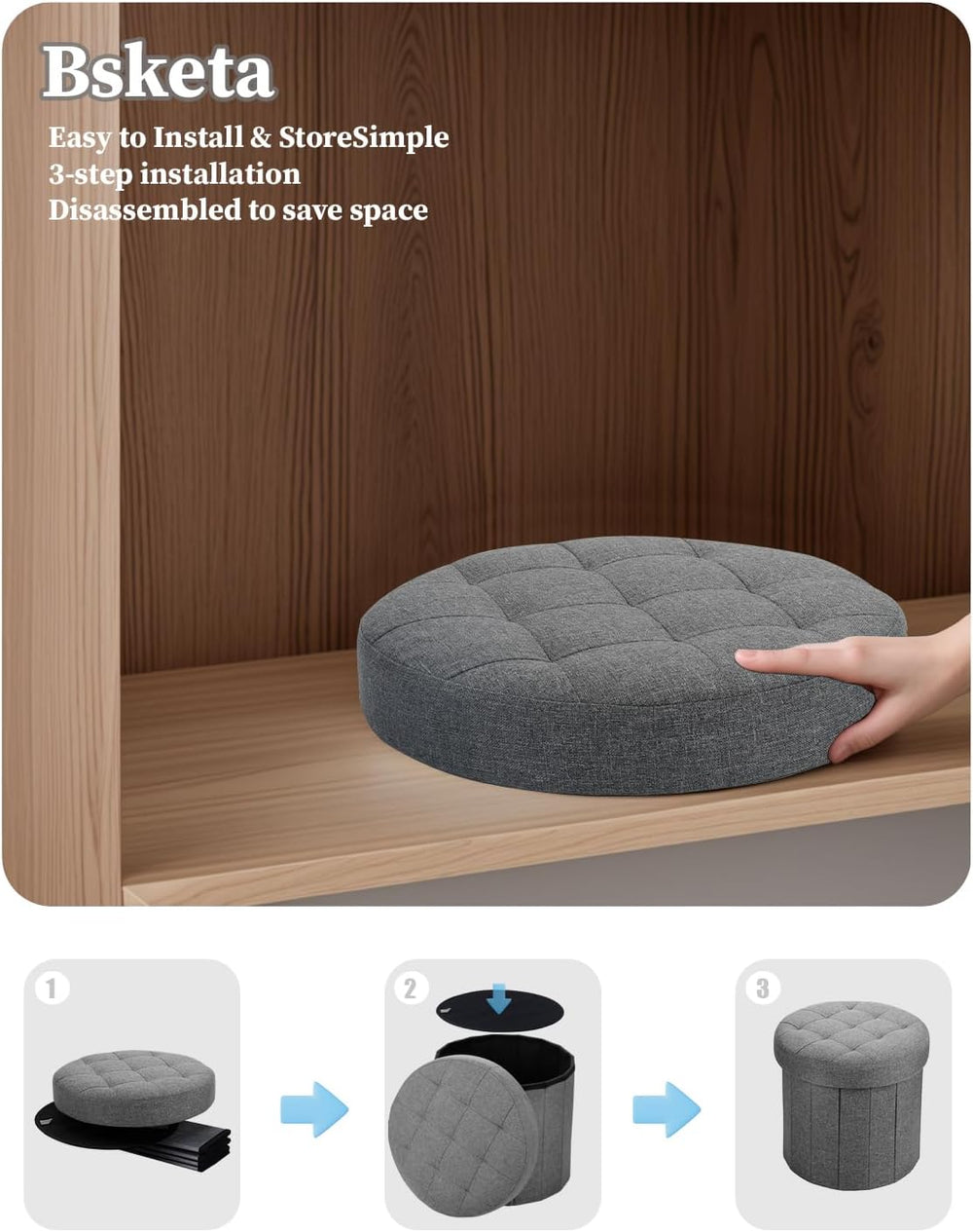 Bsketa Round Storage Ottoman, 14" Folding Linen Foot Stool,Dark Gray 2 Pack