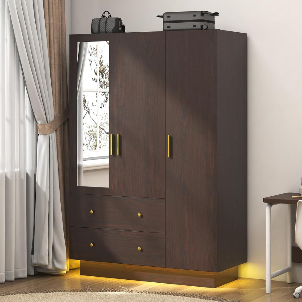 jiteentarou 3 Door Wardrobe Closet with Mirror & LED Lights, Bedroom Armo...