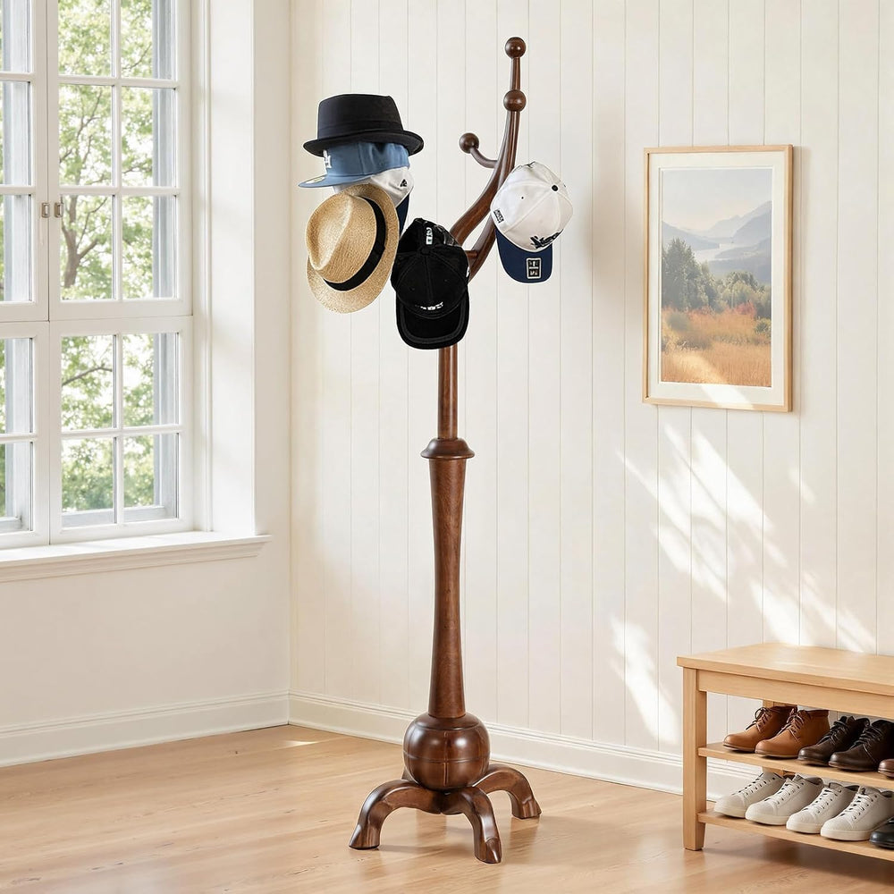 Wooden Coat Rack Freestanding Coat Tree with 8 Hooks, Walnut