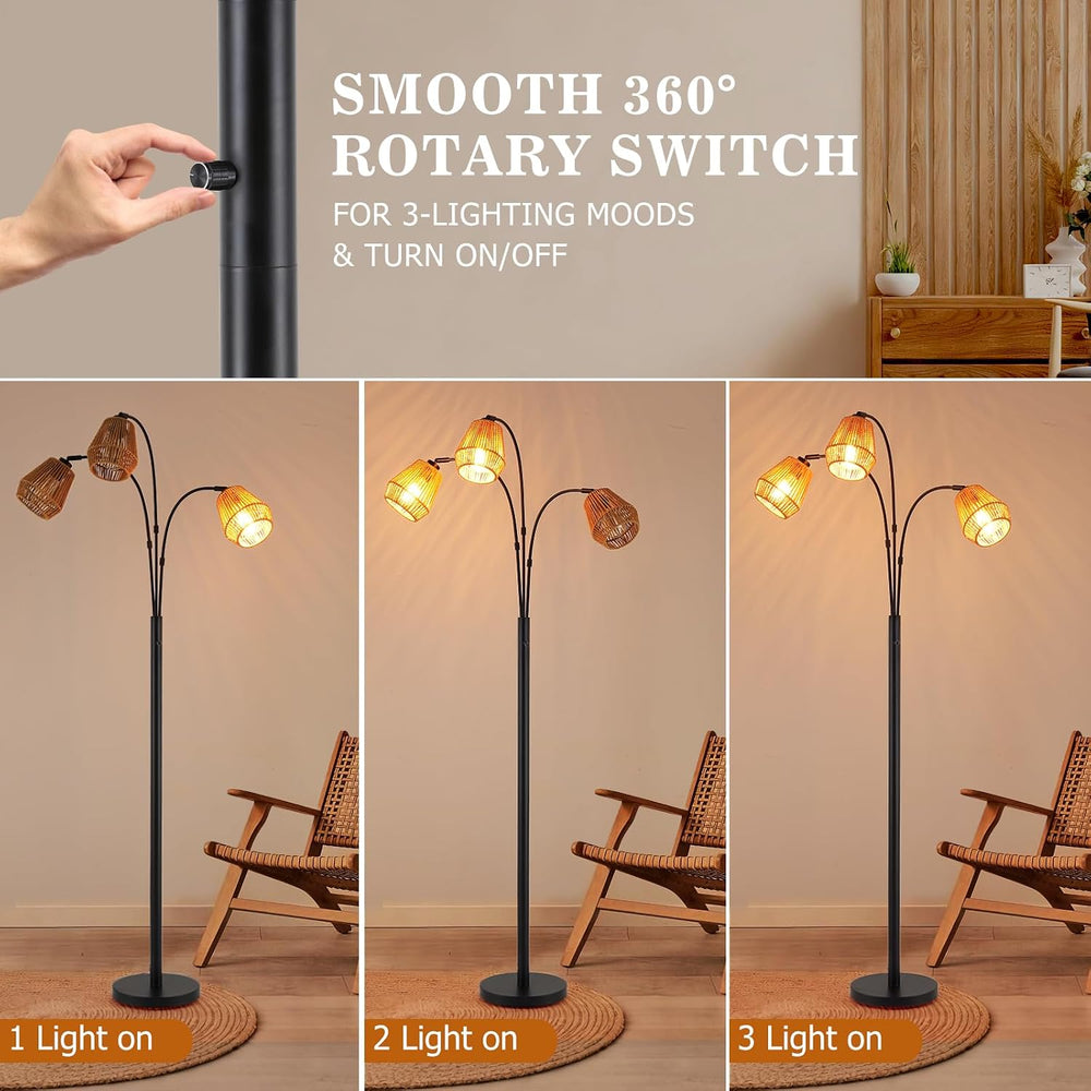 9MMML Vintage Black Arc Floor Lamp with Rotatable Arms & Rattan Lampshade...