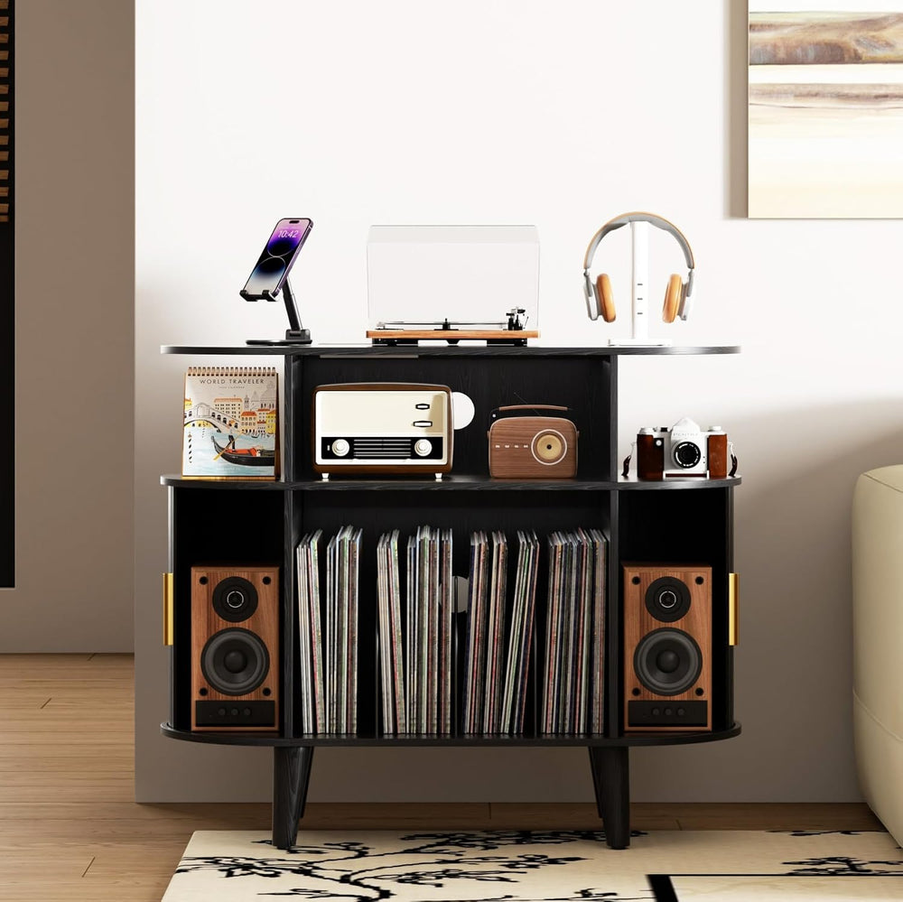 LUVIOHOME Large Round Record Player Stand with Charging Station & USB Ports