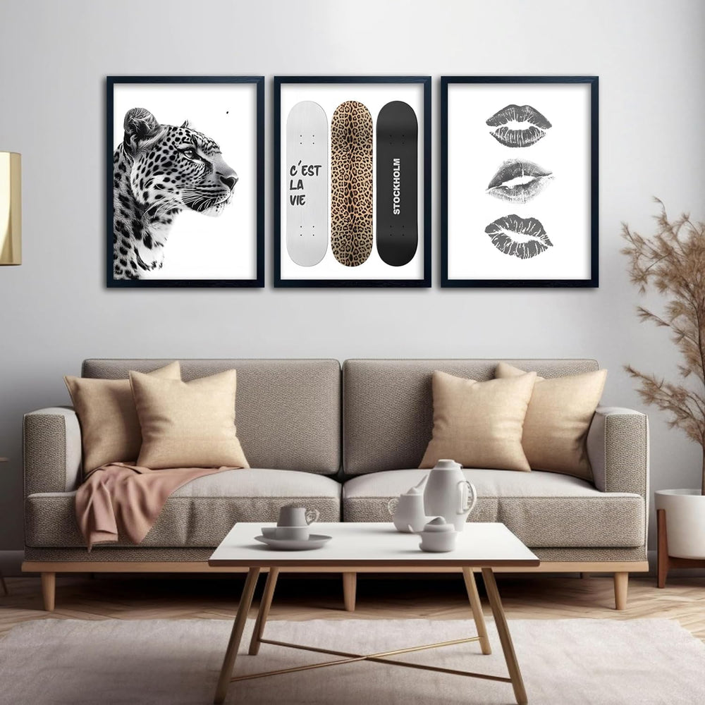 Framed Stockholm Style Canvas Wall Art Set of 3 Black and White Fashion Leopa...