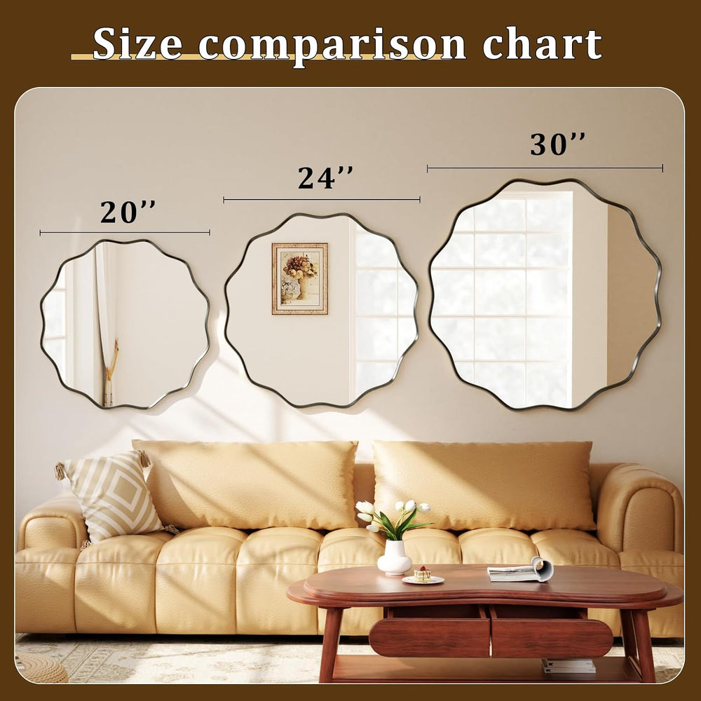 24" Decorative Scalloped Round Wall Mirror, Wavy Metal Deep Frame, Black