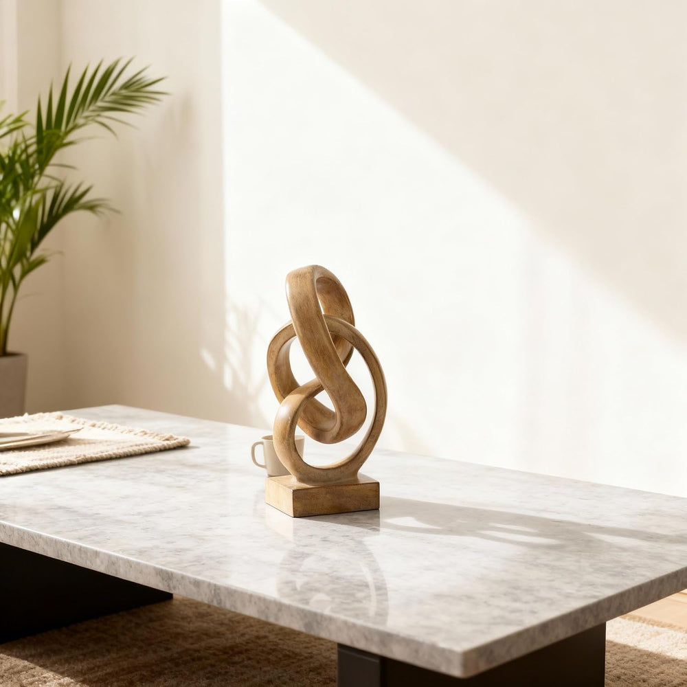 Abstract wood-toned knot sculpture, geometric decorative statue, wood-toned a...