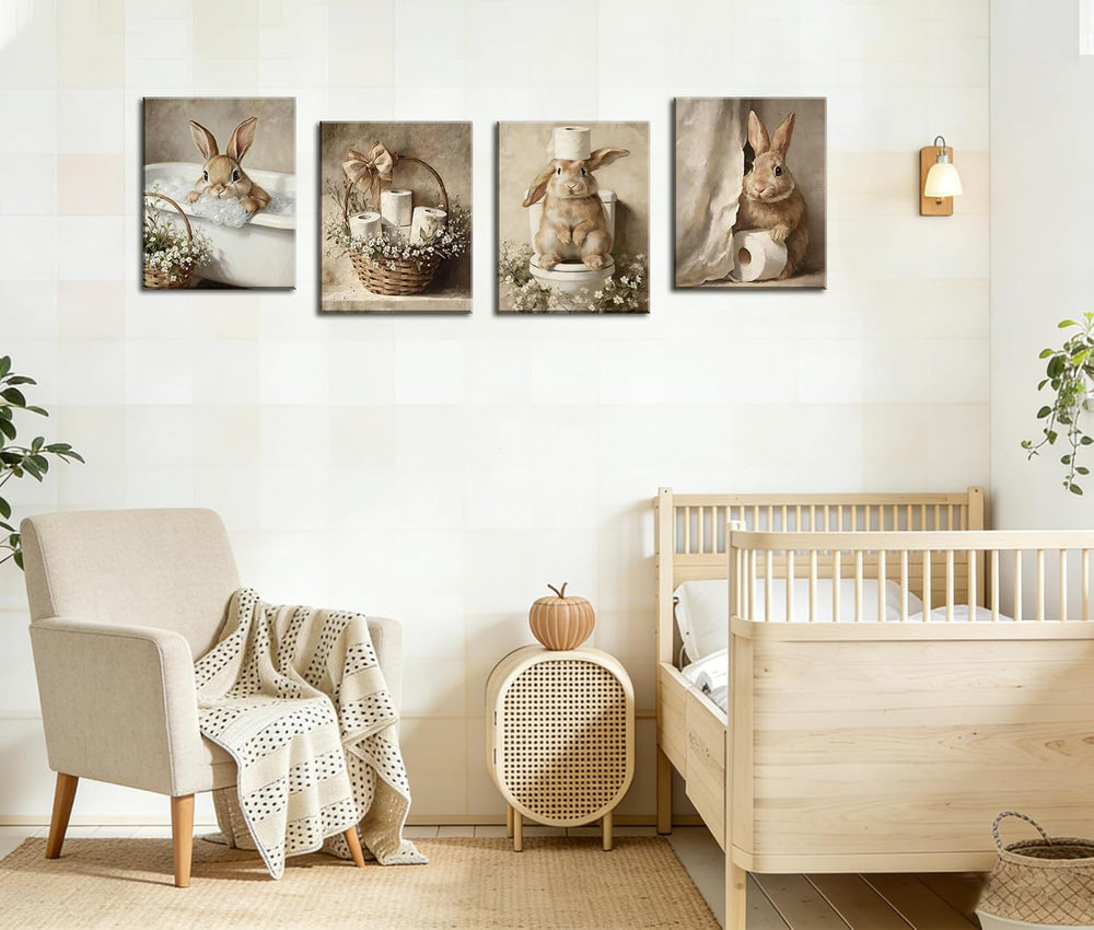 Frimeeme Framed Cute Bunny Bathroom Canvas Wall Art