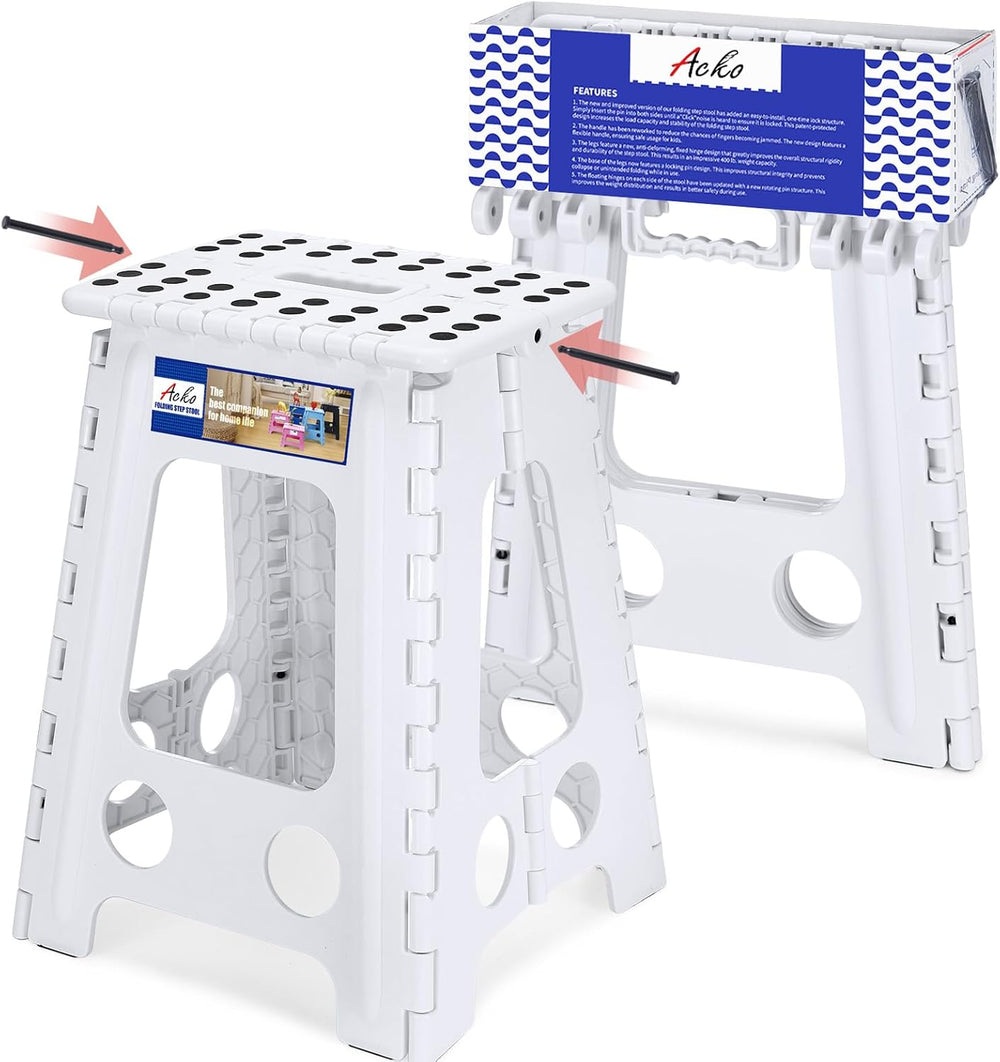 ACKO 17.5 Inch Folding Step Stool with Safety Lock, Holds 400 lbs, White