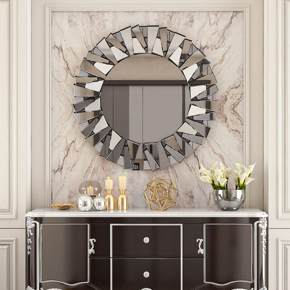 Decorative Mirror Round Silver: 31.5in Wall Vanity-Mirror Beveled