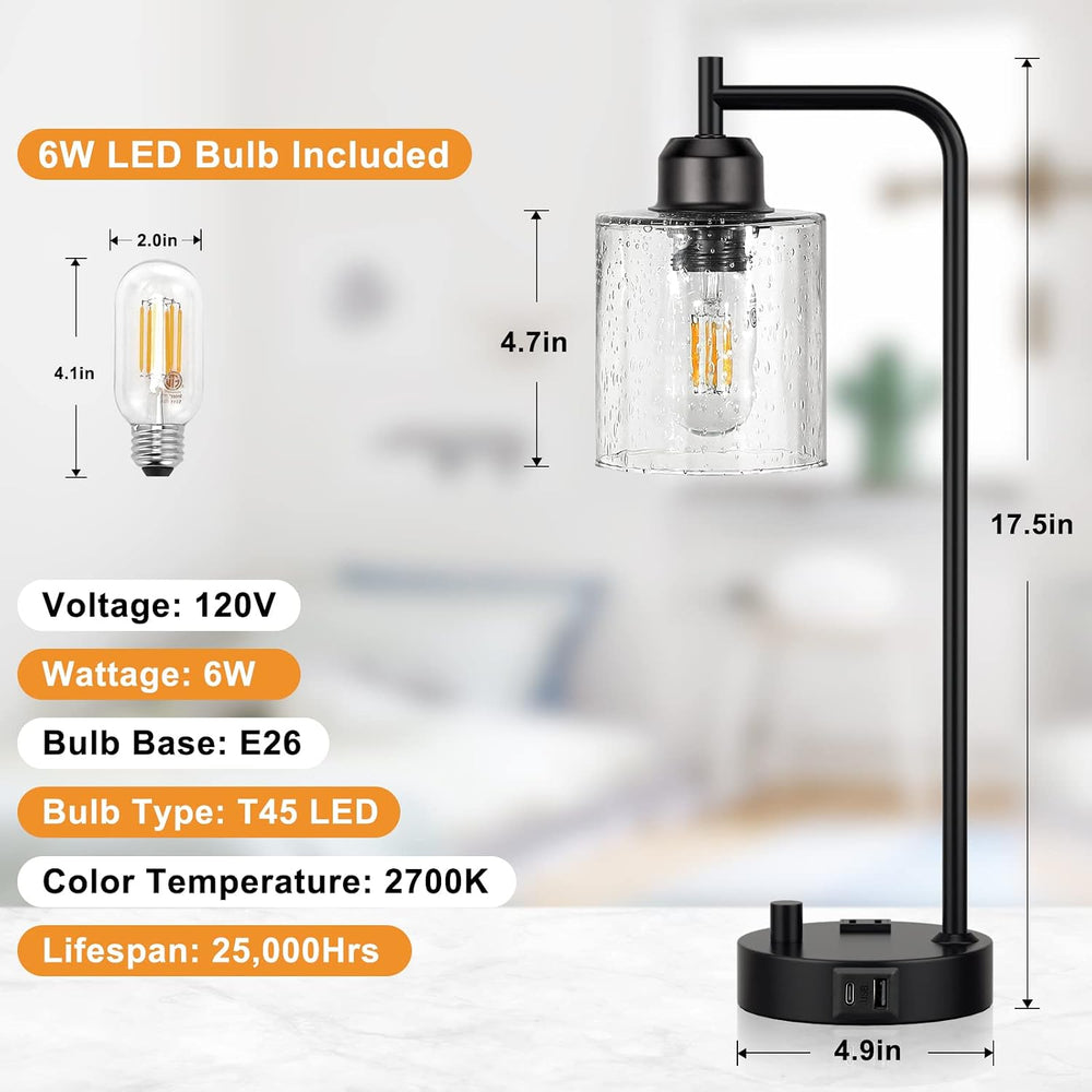 Industrial Desk Lamp, Fully Dimmable Small Bedside Table Lamp, Black, USB C