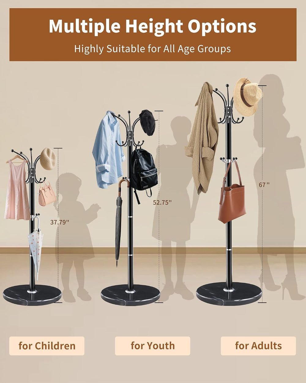 Metal Coat Rack Freestanding with 360°Rotary 14 Hooks Marble Base