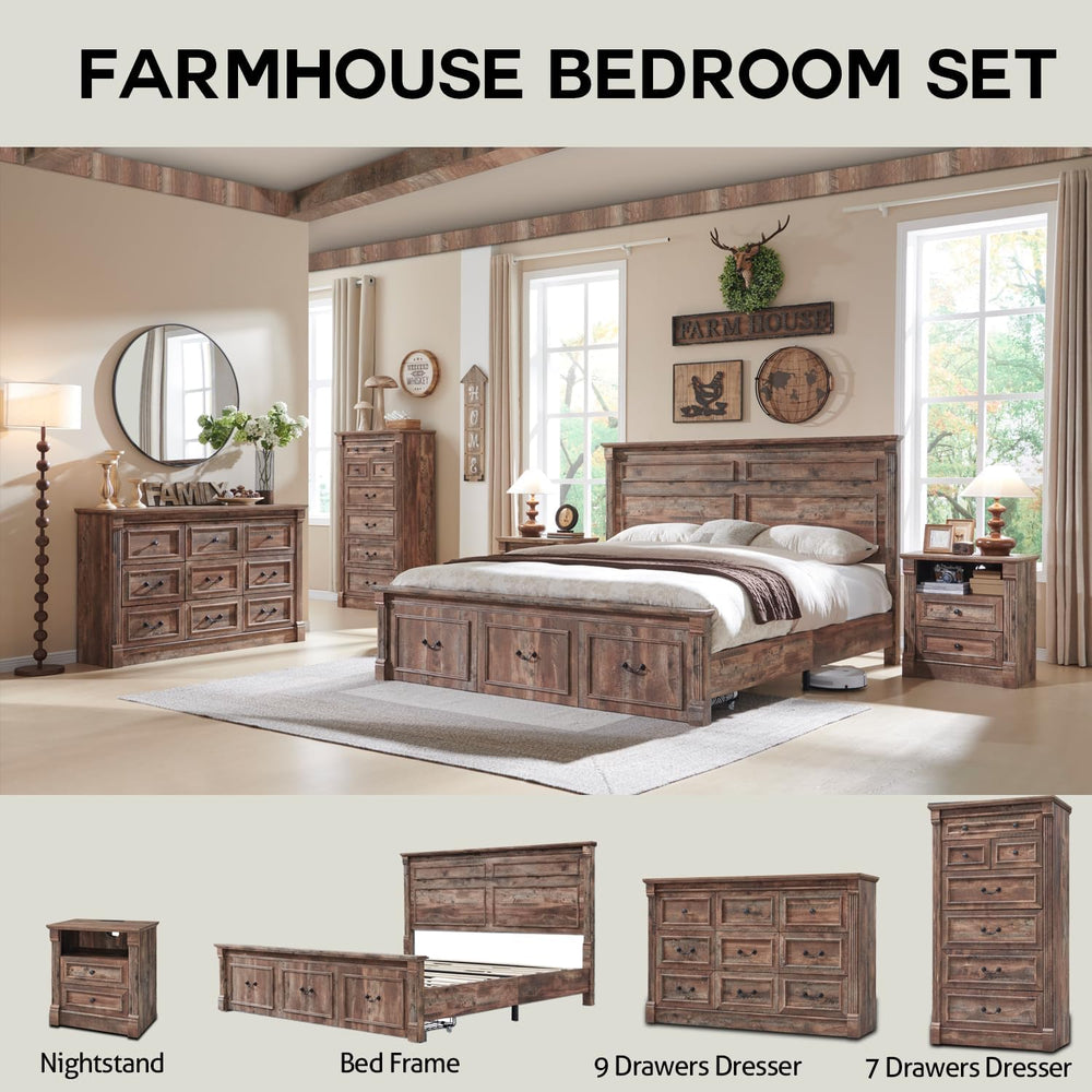 Aitjunz Farmhouse King Size Bed Frame w/51 Tall Headboard, Light Brown