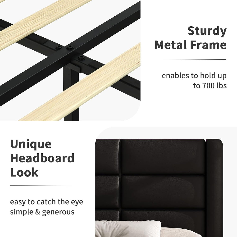 Queen Upholstered Bed Frame with Headboard and LED Lights, Modern Faux Leathe...