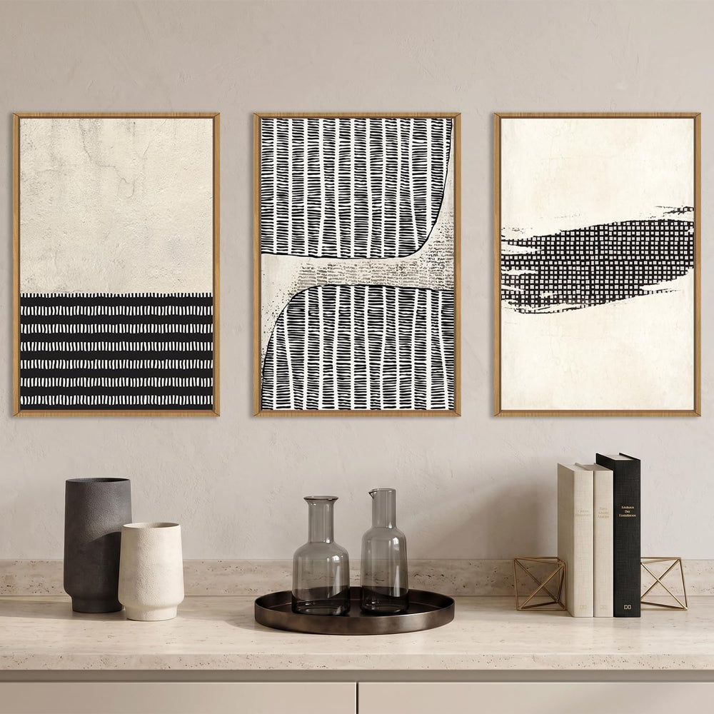 Aryroi Black Beige Abstract Minimalist Framed Canvas Wall Art Set-16"x24...