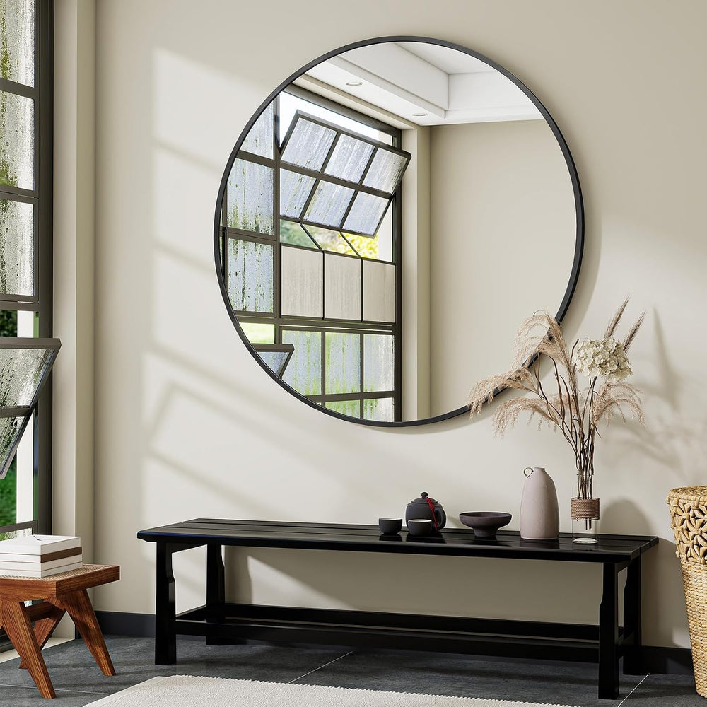 VooBang Large Black Round Bathroom Mirror 48" with Thin Metal Frame