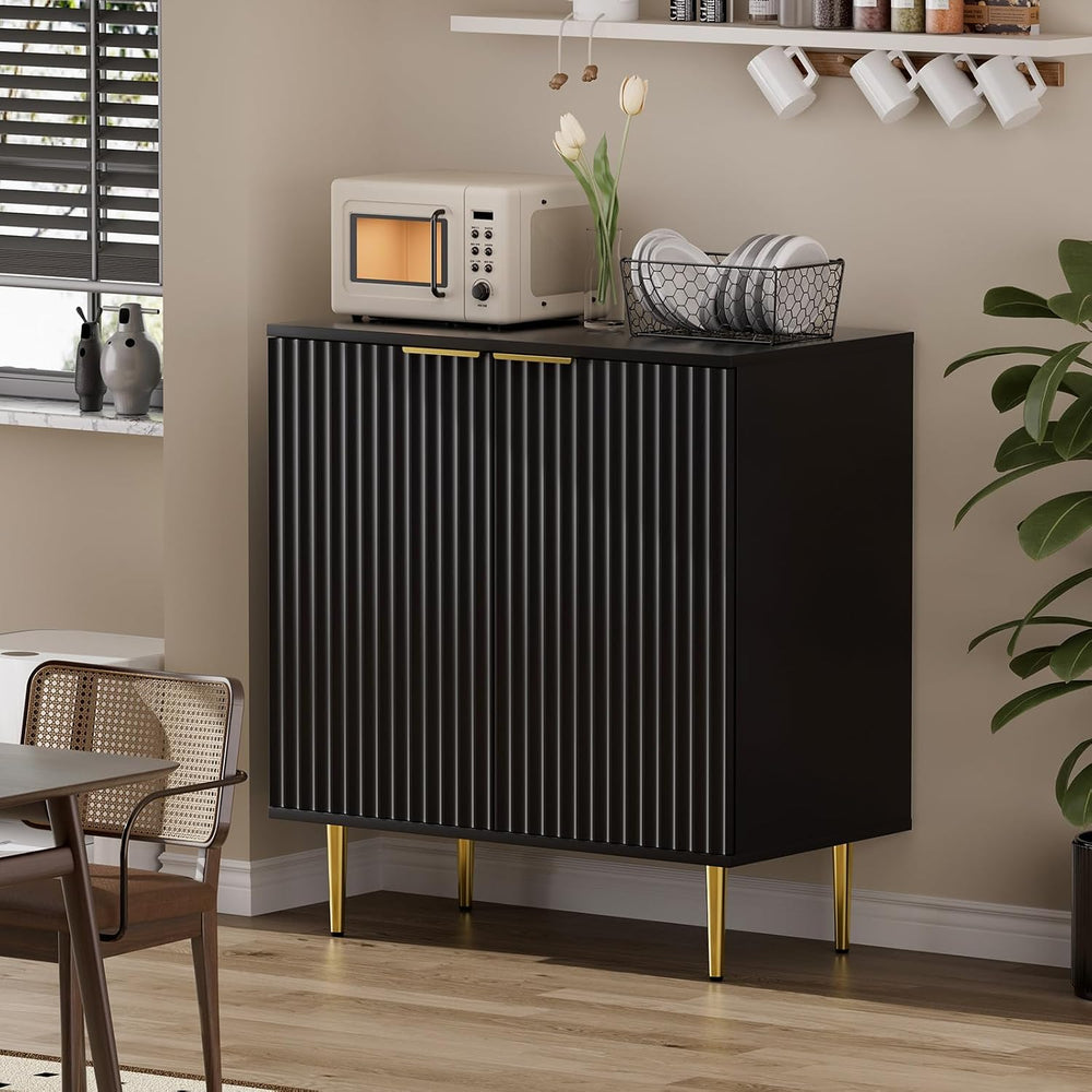 EOYUTLLY Black Fluted Storage Cabinet,Wood Sideboard Buffet Cabinet with Adju...