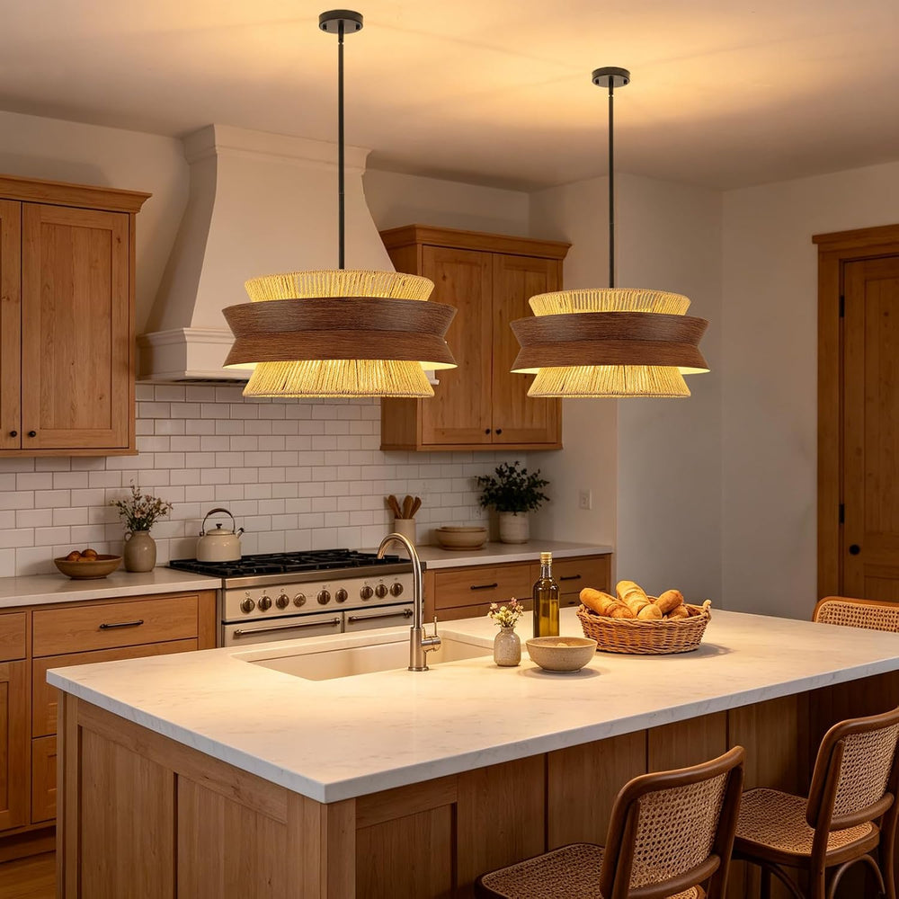 23.6" Rattan Chandelier with Wood Texture for Dining Room
