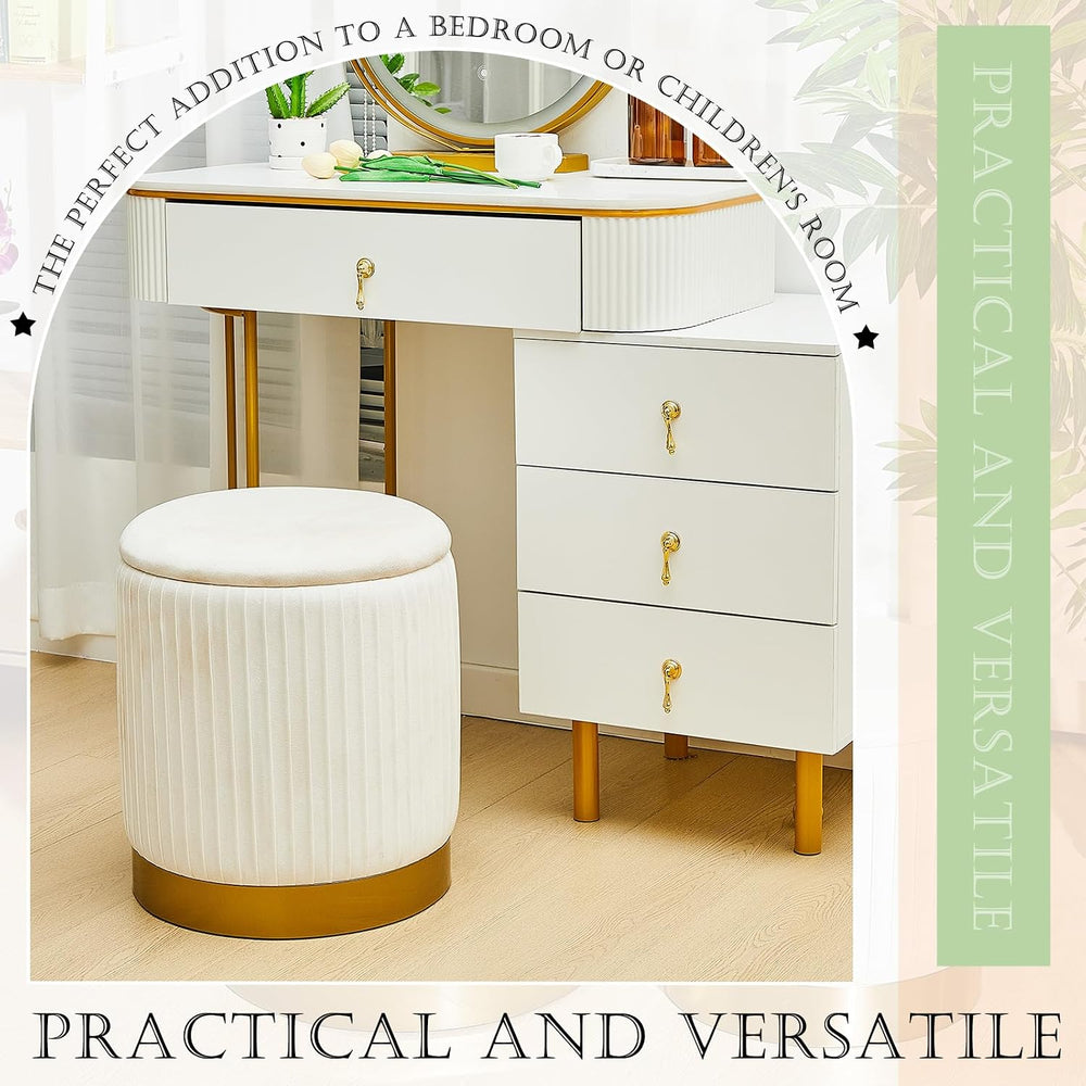 Barydat 2 Pcs Round Ottoman with Storage White Velvet Storage Ottoman Stool w...