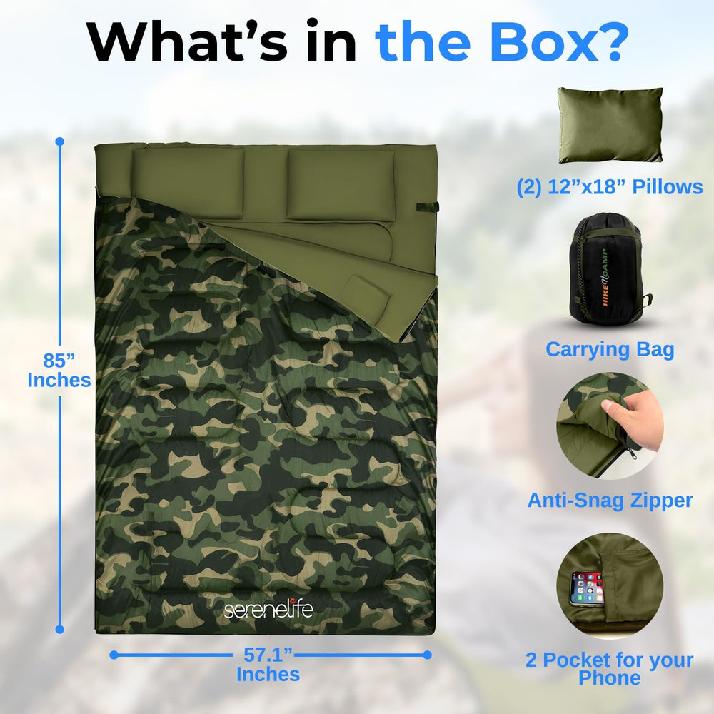 SereneLife Double Sleeping Bag with Pillows, Waterproof & Detachable for ...
