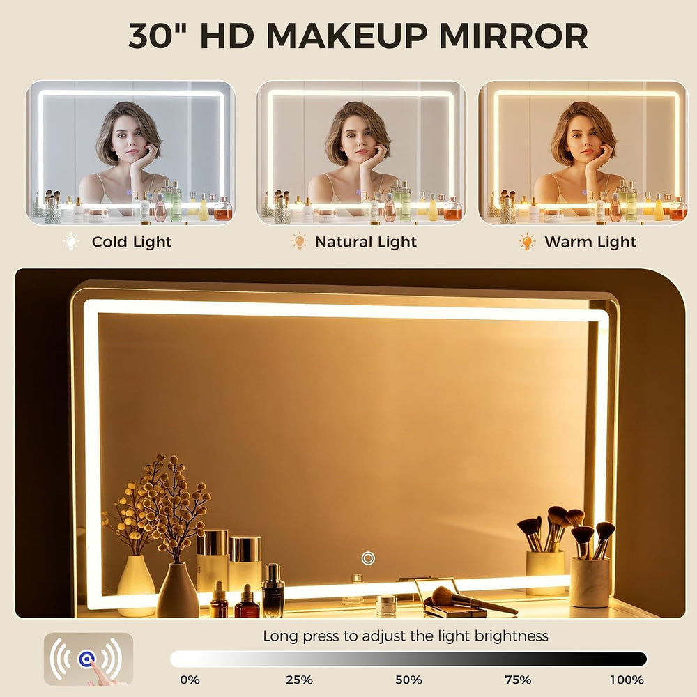 COMHOMA Vanity Desk with LED Lights Mirror & Power Outlet, Small Makeup V...