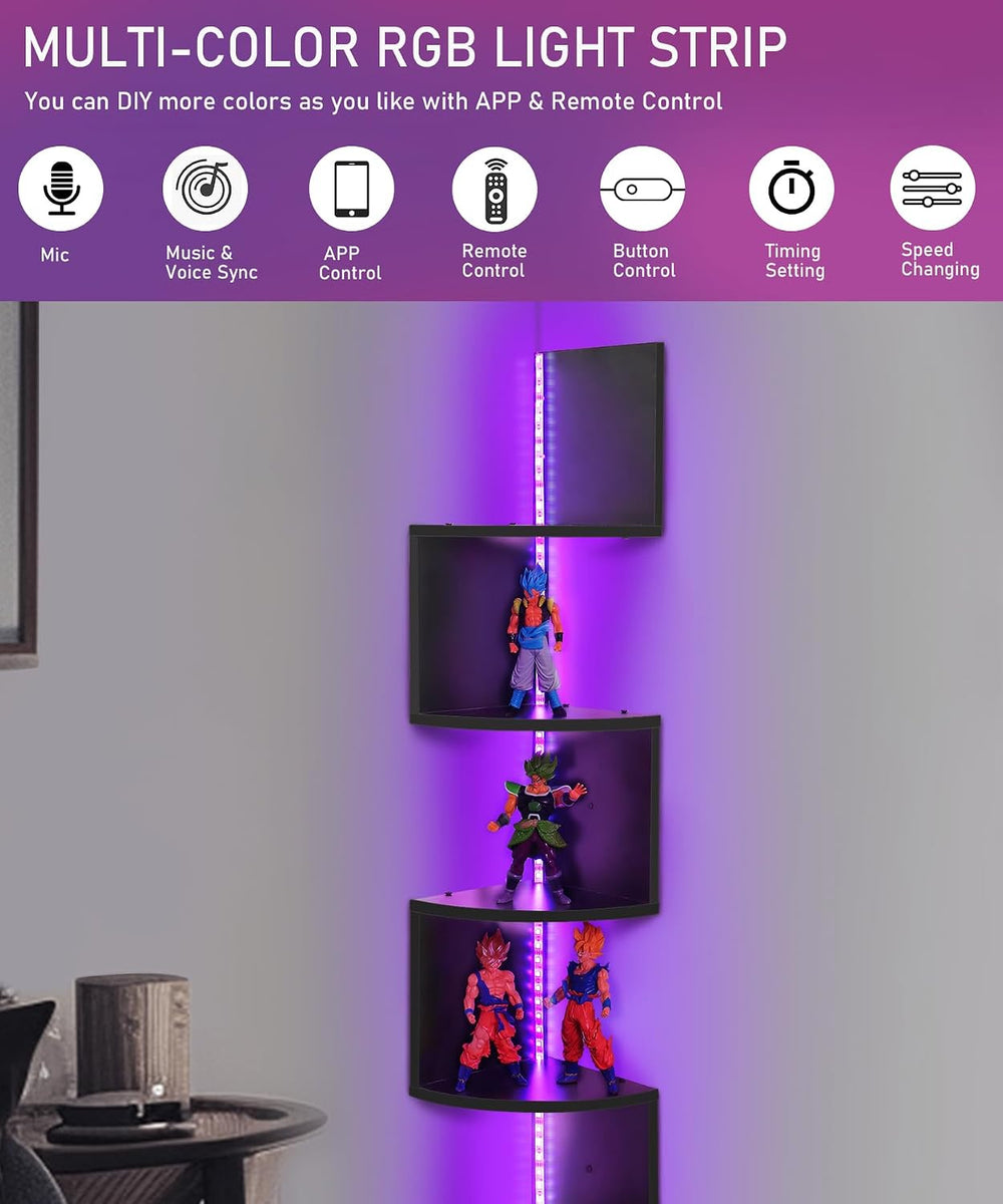 5 Tiers Corner Shelf with RGB LED Lights, 49.2" Wall Mount Floating Corn...