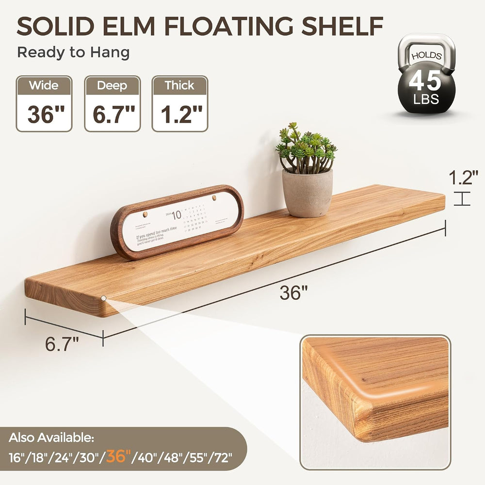 Fun Memories 36 Inch Floating Shelves for Wall, Solid Elm Wood Wall Shelf for...