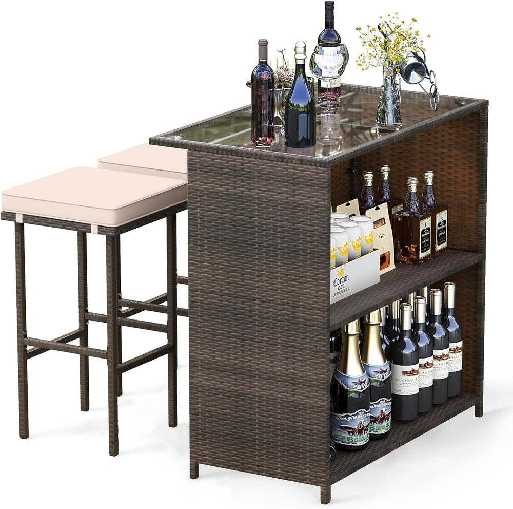 Tangkula 3 Piece Patio Bar Set, Outdoor Rattan Bar Table and 2 Stools with Te...