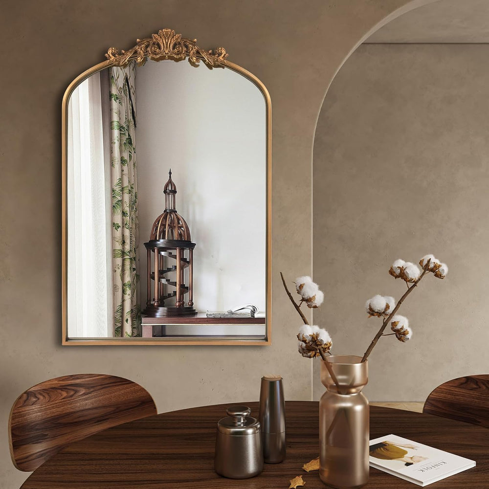 HQiJun Antique Gold Arched Baroque Mirror 24x36 - Brass Finish Metal Frame, I...