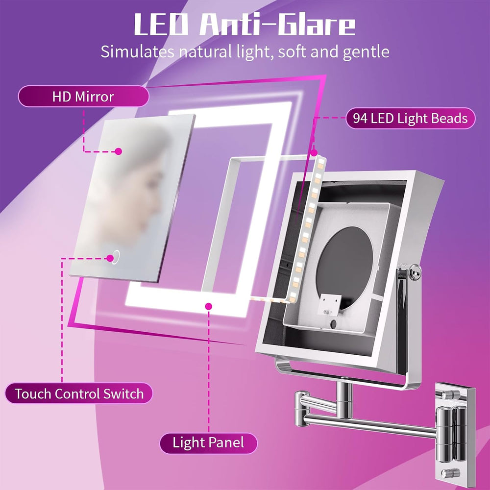 Wall Mounted Makeup Mirror with Lights 4000mAh Rechargeable Double Sided 1X/1...