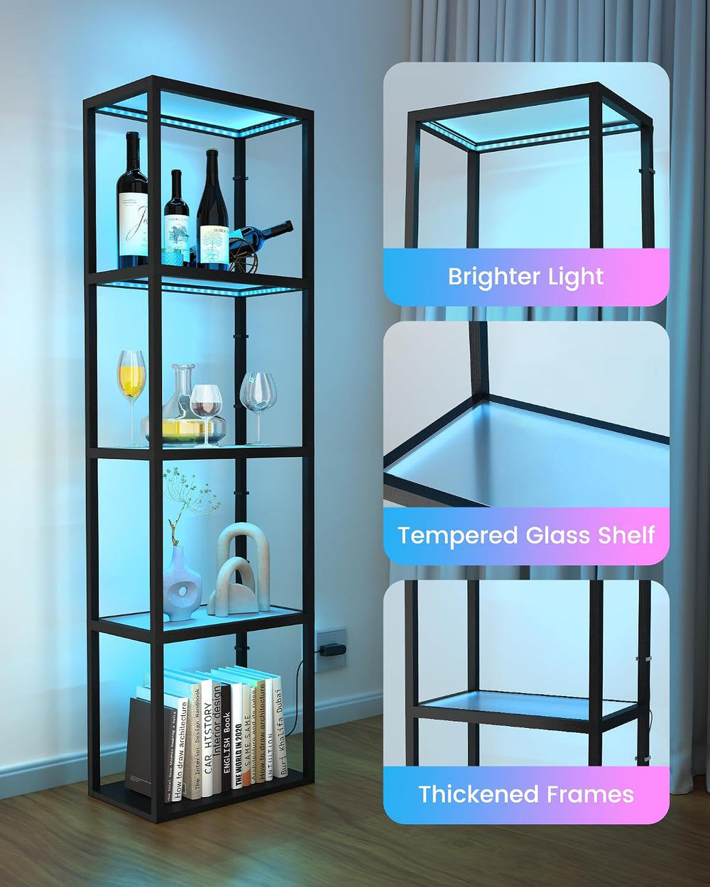 SUPERDANNY Display Cabinet with RGB Light, Remote/App Control, Dimmable LED