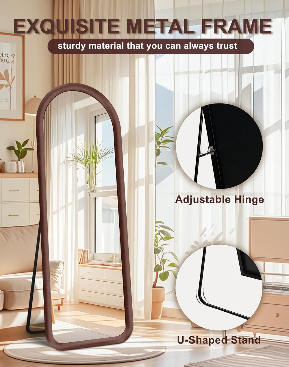 Delma Arched Full Length Mirror, Free Standing Floor Velvet Finish Frame Mirr...